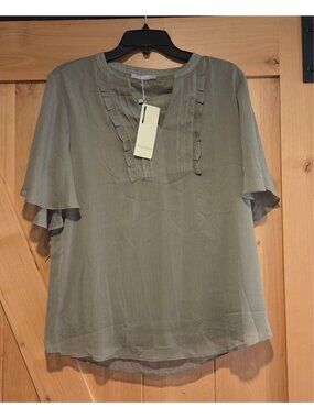 Furnex Womens M Blouses Chiffon Ruffle Short Sleeve Tops Summer Pleated V Neck
